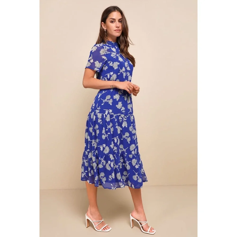 Lulus Royal Blue Floral Short Sleeve Chiffon Midi Dress | Size XL